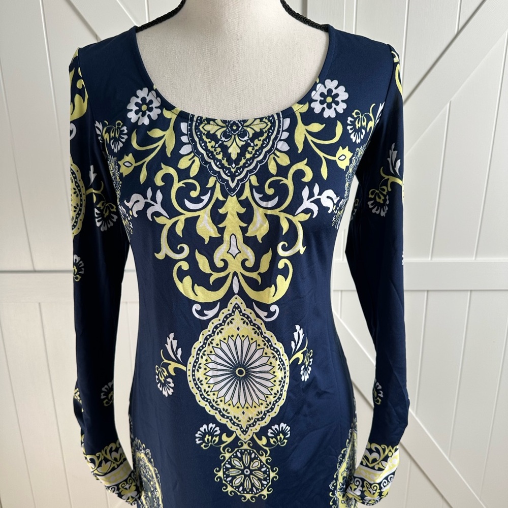 INC International Concepts Navy & Yellow Printed Shift Dress Size XS - Picture 2 of 6